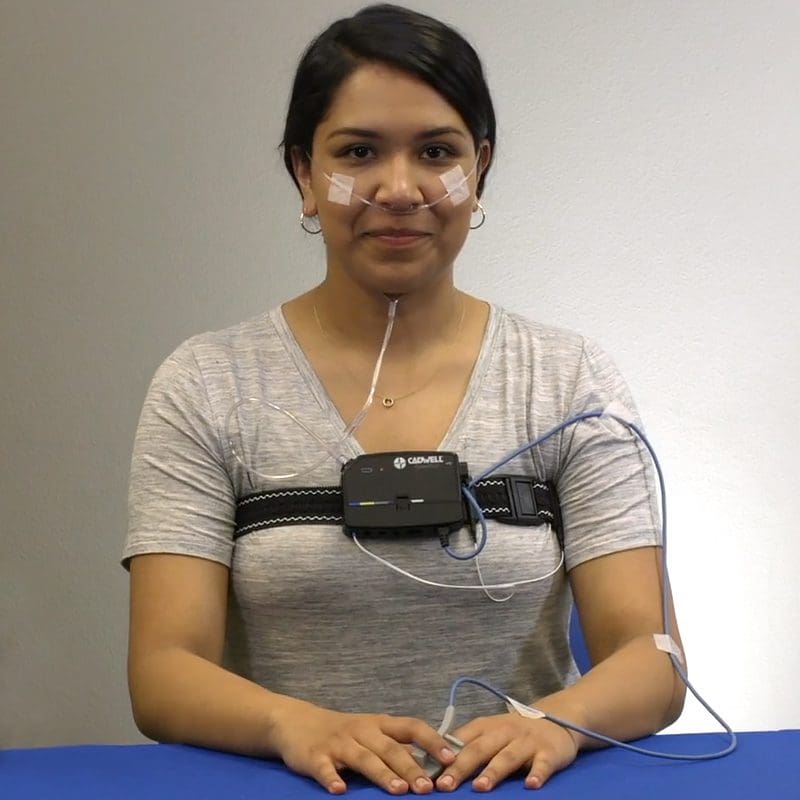 ApneaTrak HSAT & Sleepmate Sleep Sensors image of woman ready for sleep study