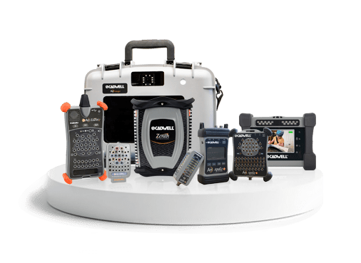 PSG and HSAT Sleep Solutions from Cadwell: Easy III PSG in white, ApneaTrak HSAT devices in black with Easy III sleep software